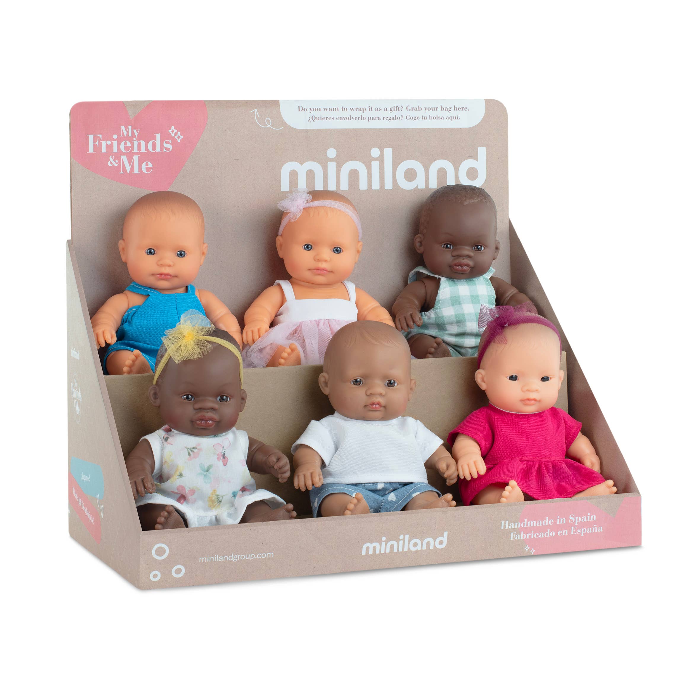 Miniland Educational - Set of 12 Dressed Baby Dolls 8 1/4'' inch with Display - M&M