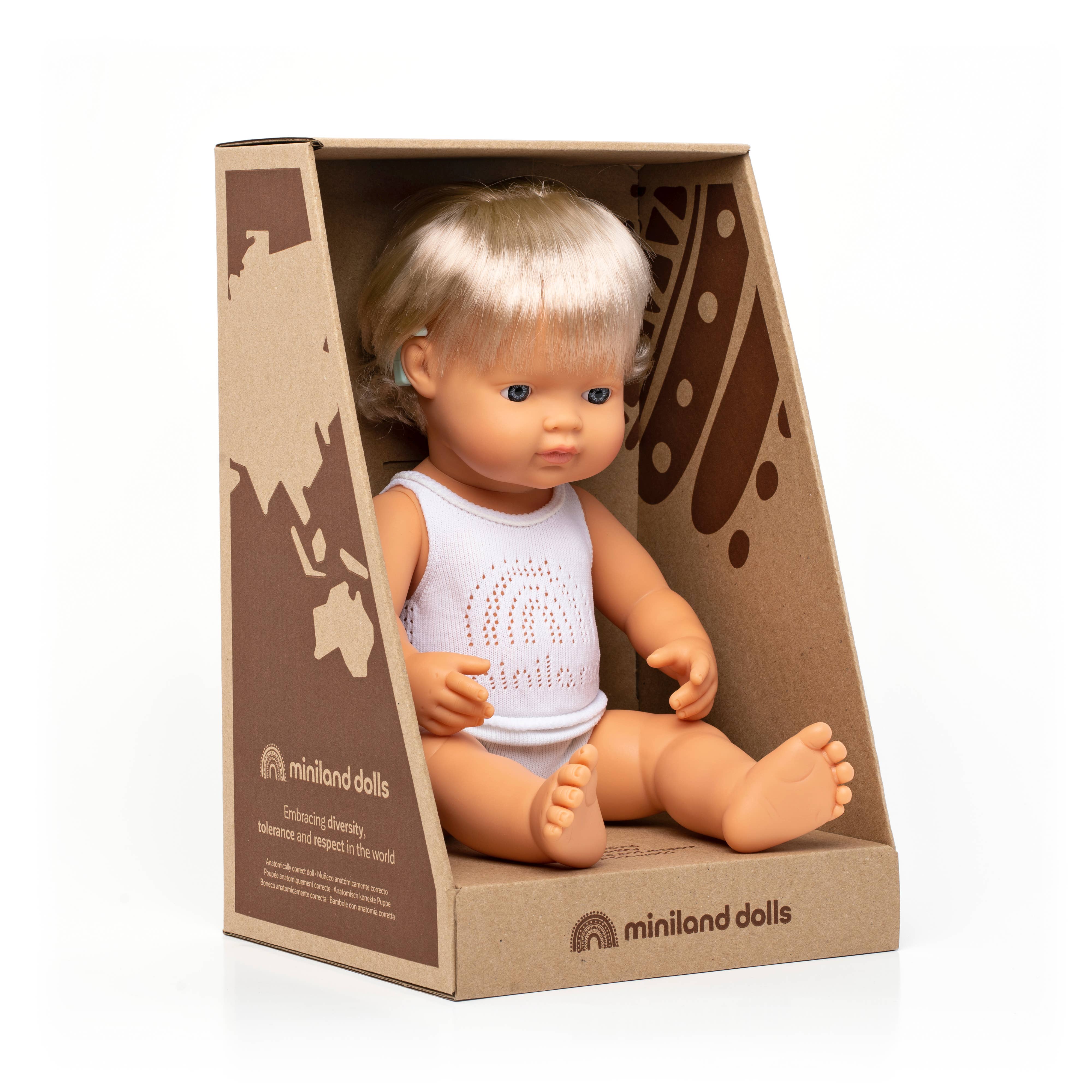 Miniland Educational - Baby Doll Caucasian Girl with Hearing Aid 15'' inch (box)