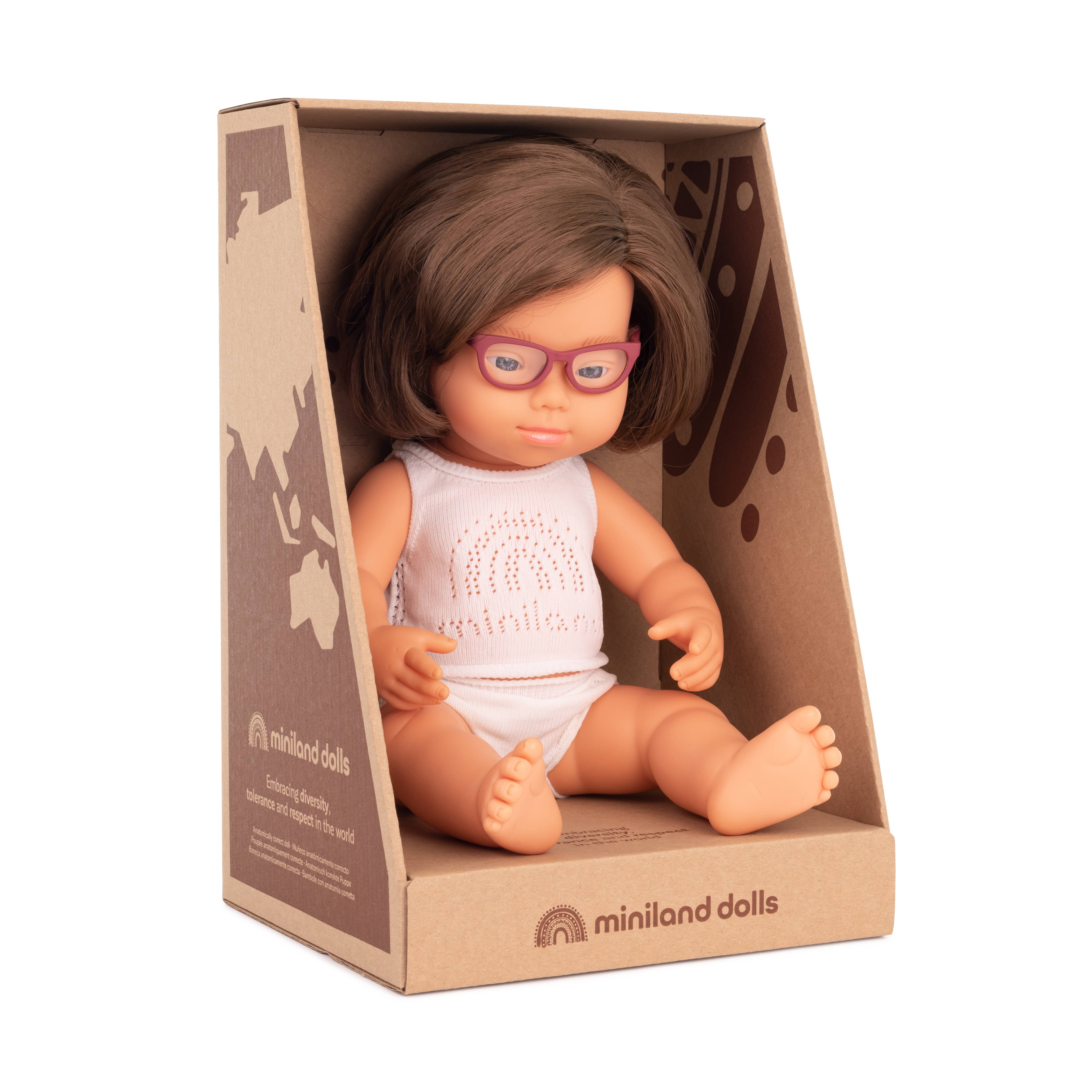 Miniland Educational - Baby Doll Caucasian Girl with DS and Glasses 15'' inch (Box)